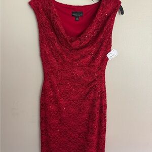 connected apparel Red Lace Cowl-Neck Midi Dress Sparkly